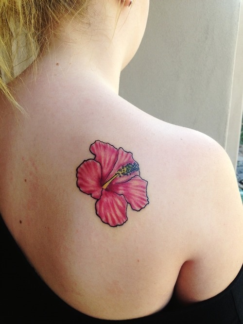 Hibiscus Flower Tattoo On Girl Right Back Shoulder