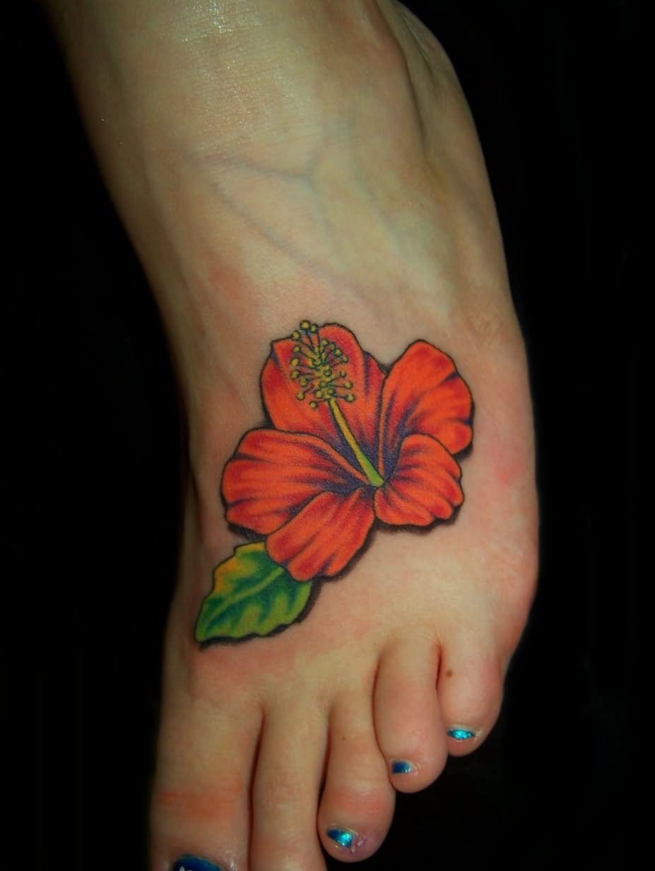 Hibiscus Flower Tattoo On Left Foot