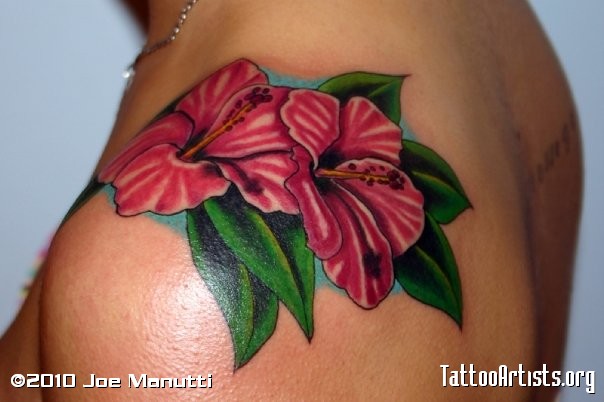 Hibiscus Flower Tattoo On Left Shoulder
