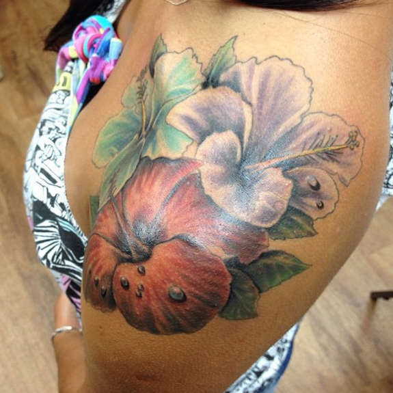 Hibiscus Flower Tattoos On Left Shoulder