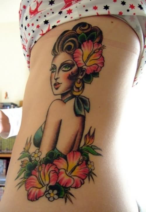 Hibiscus Flowers And Japanese Girl Tattoo On Side Rib