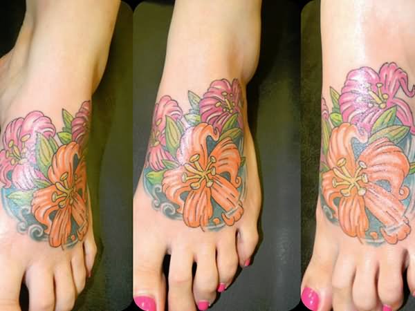 Hibiscus Flowers Tattoo On Girl Left Foot