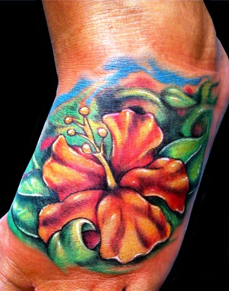Hibiscus Tattoo On Left Foot