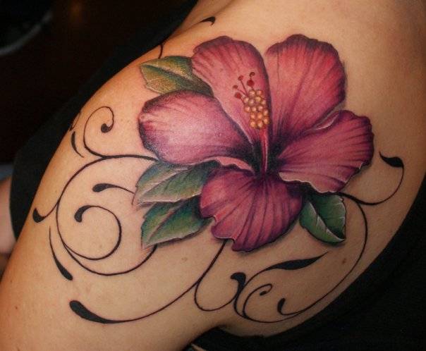 Hibiscus Tattoo On Left Shoulder For Girls