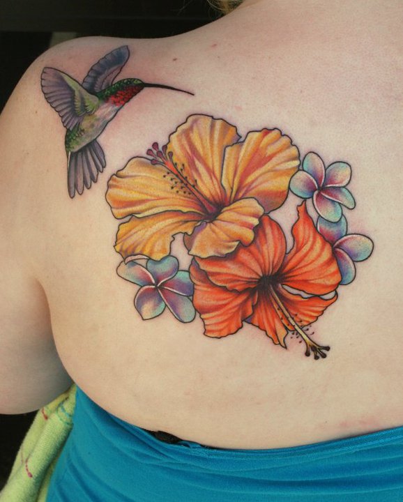 Hummingbird And Hibiscus Tattoo On Girl Left Back Shoulder