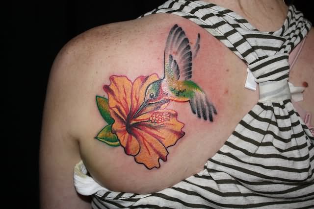 Hummingbird And Hibiscus Tattoo On Left Back Shoulder