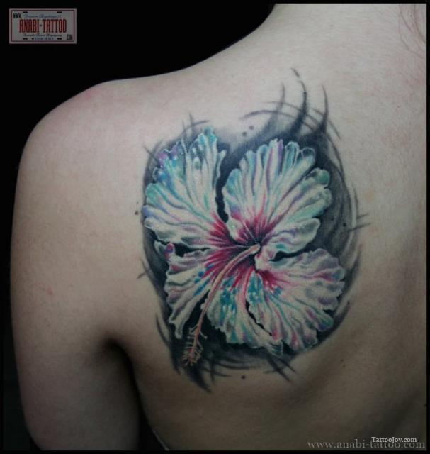 Left Back Shoulder Black And White Hibiscus Tattoo