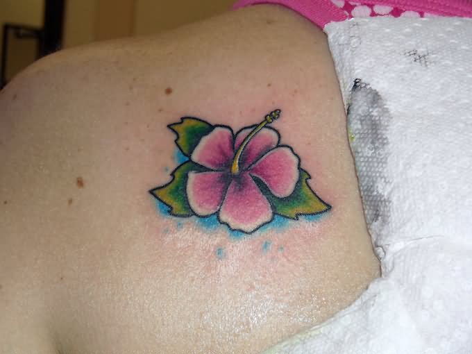 Left Back Shoulder Hibiscus Tattoo For Women
