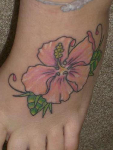 Left Foot Hibiscus Tattoo For Girls