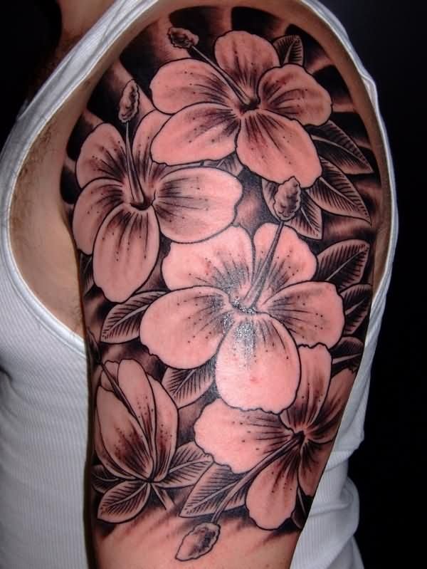 Left Half Sleeve Black And White  Hibiscus Flower Tattoo