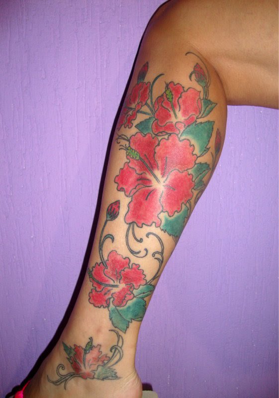 Left Leg Hibiscus Flowers Tattoo