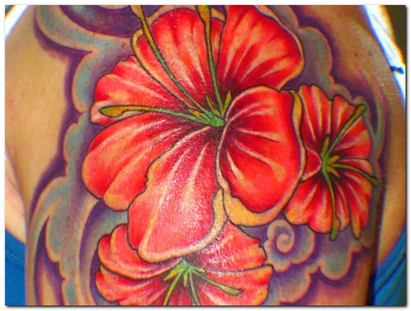 Left Shoulder Hibiscus Flowers Tattoos