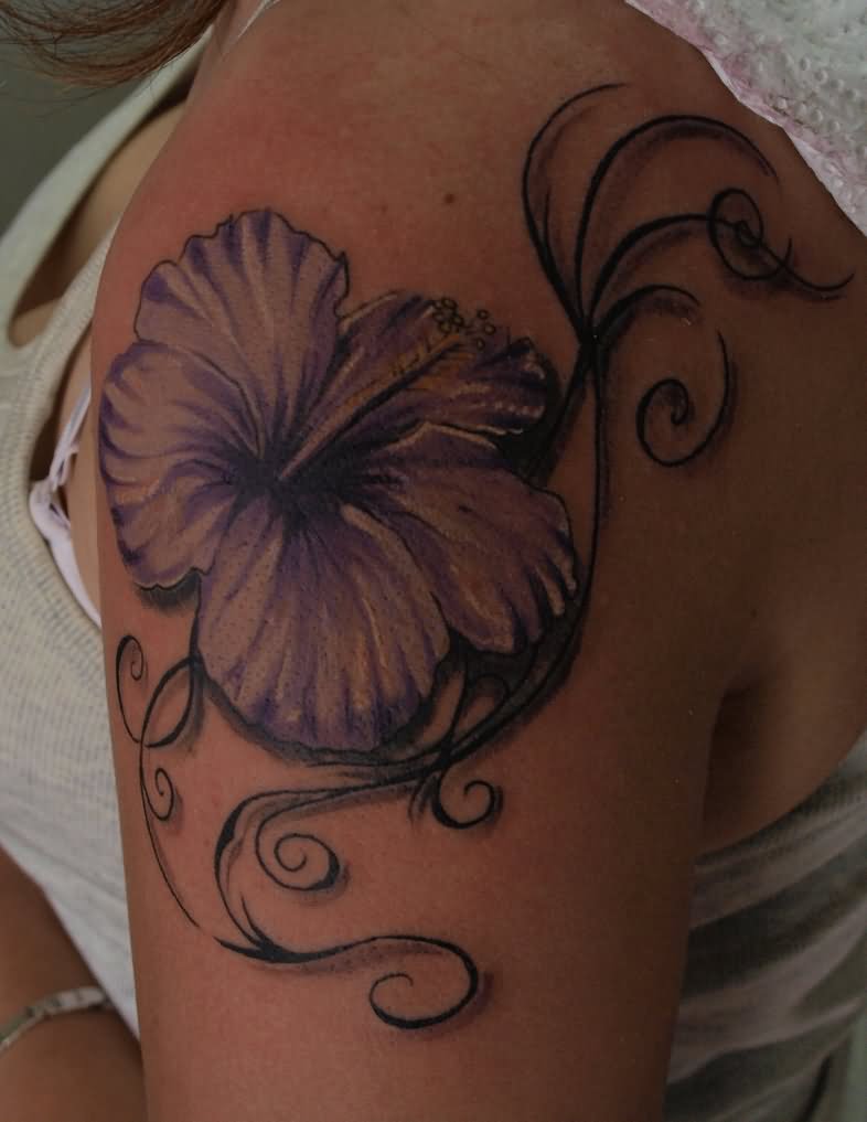 Left Shoulder Purple Hibiscus Flower Tattoo