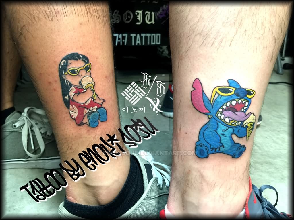 Lilo And Stitch Tattoo On Couple Leg By Enoki