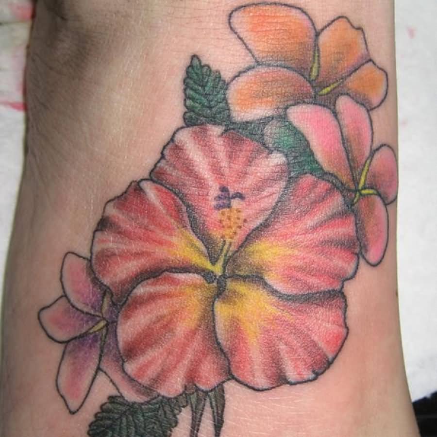 Nice Hibiscus Flowers Tattoo On Foot