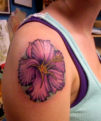 Nice Hibiscus Tattoo On Right Shoulder