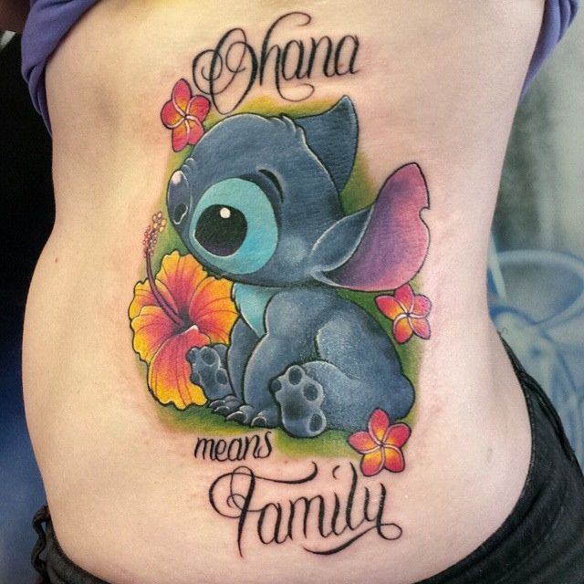 Ohana Means Family – Colorful Stitch Tattoo On Side Rib By Troy Slack