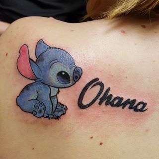 Ohana - Stitch Tattoo On Left Back Shoulder