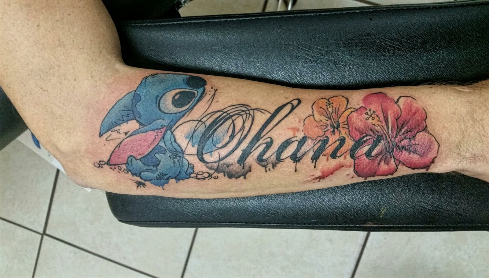 Ohana – Watercolor Stitch With Flowers Tattoo On Right Arm By Alex