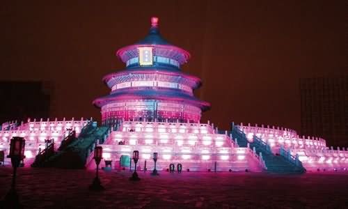Pink And Blue Lights On The Temple Of Heaven At Night
