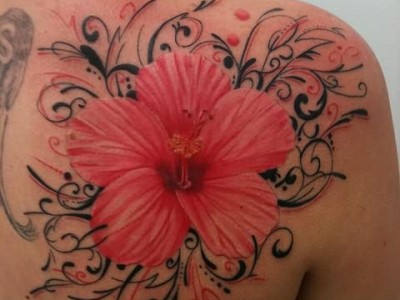 Pink Hibiscus Tattoo On Right Back Shoulder