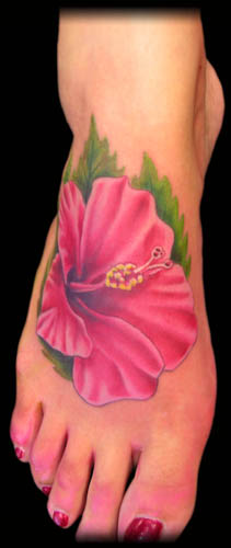 Pink Hibiscus Tattoo On Right Foot
