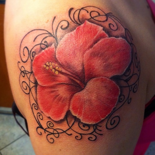 Pink Hibiscus Tattoo On Shoulder