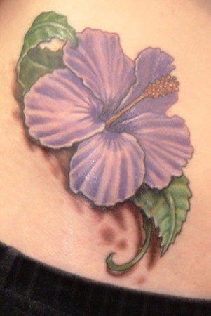 Purple Hibiscus Flower Tattoo On Waist