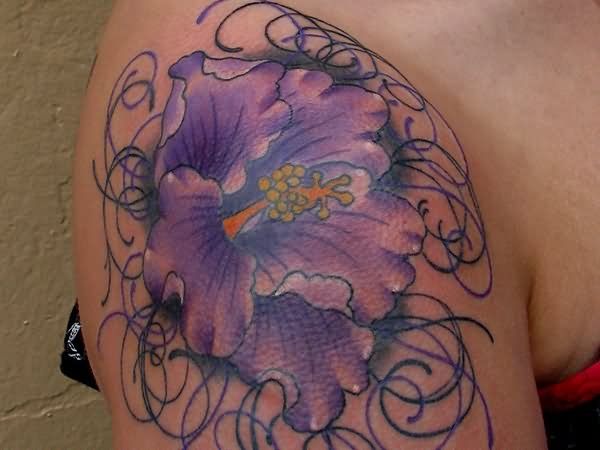 Purple Ink Hibiscus Tattoo On Right Shoulder