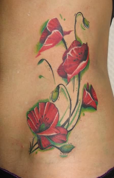 Red Hibiscus Flowers Tattoo On Side Rib