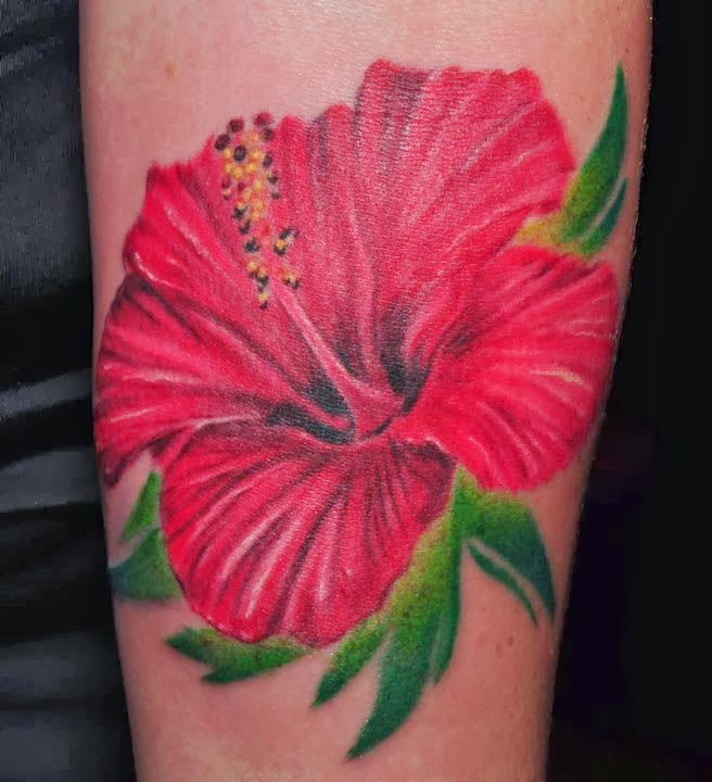 Red Hibiscus Tattoo On Forearm