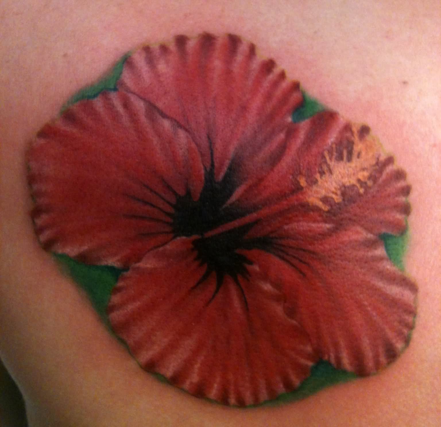 Red Hibiscus Tattoo On Left Back Shoulder