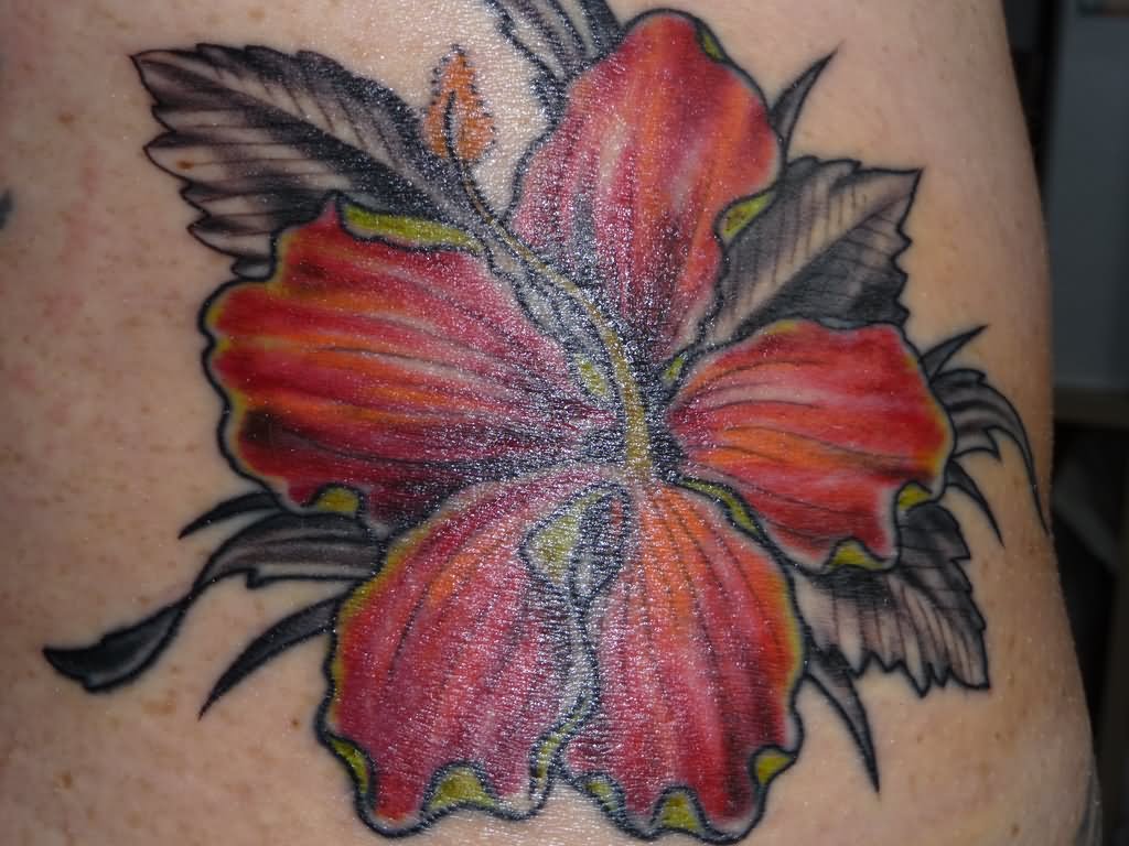 Red Ink Hibiscus Tattoo Image