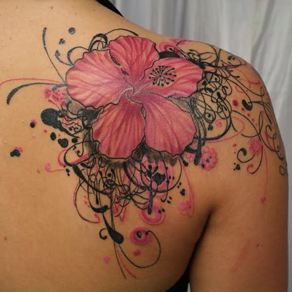 Right Back Shoulder Hibiscus Tattoo