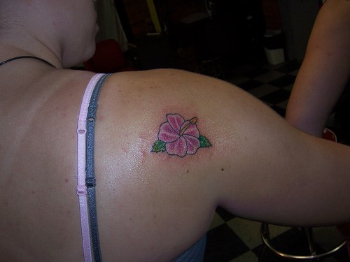 Small Hibiscus Tattoo On Shoulder