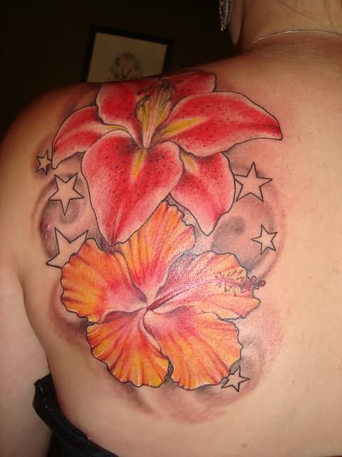 Stars And Hibiscus Tattoo On Left Back Shoulder