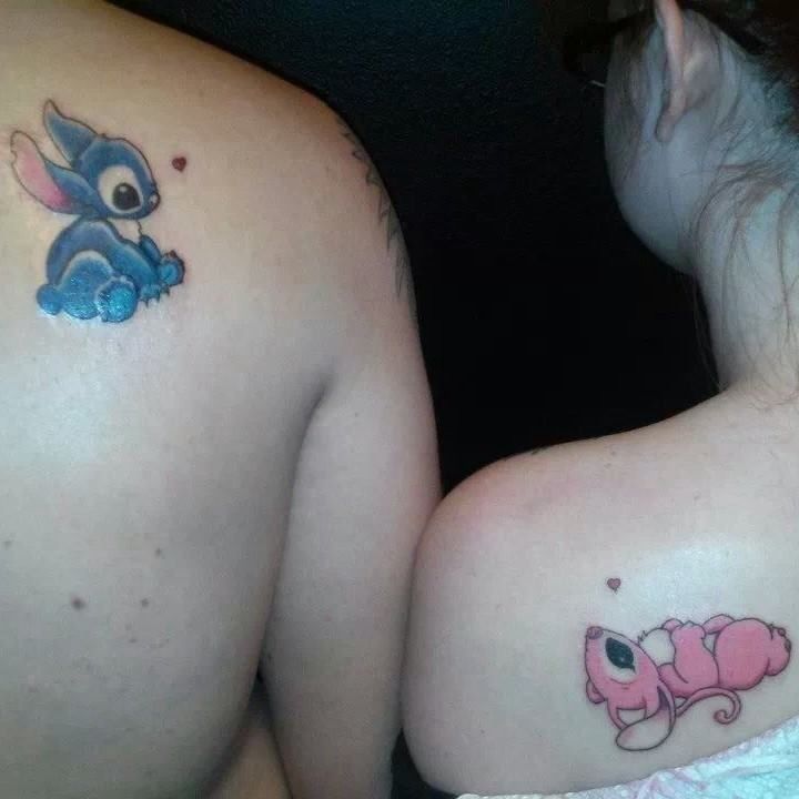 Stitch And Angel Tattoo On Couple Back Shoulder