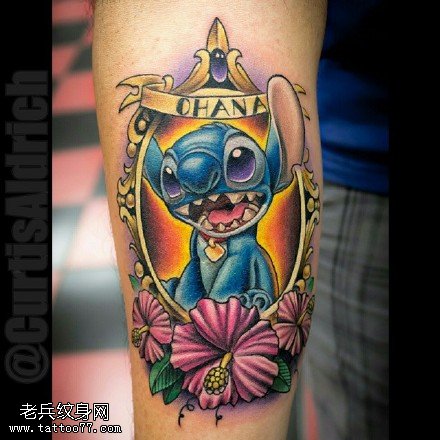 Stitch In Frame With Flowers And Banner Tattoo Design For Forearm By Curtis Aldrich