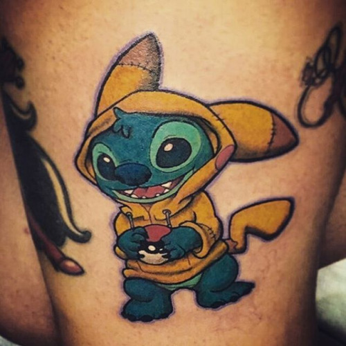 Stitch In Pikachu Costume Tattoo Design For Thigh