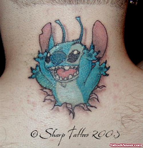 Stitch Tattoo On Man Back Neck