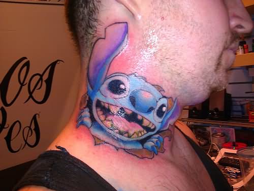 Stitch Tattoo On Man Side Neck