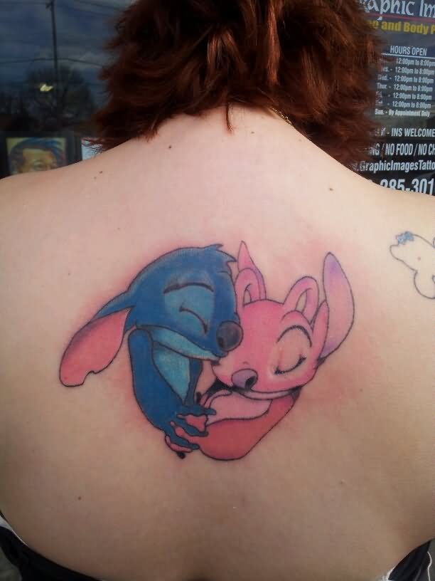 Stitch With Angel Tattoo On Upper Back