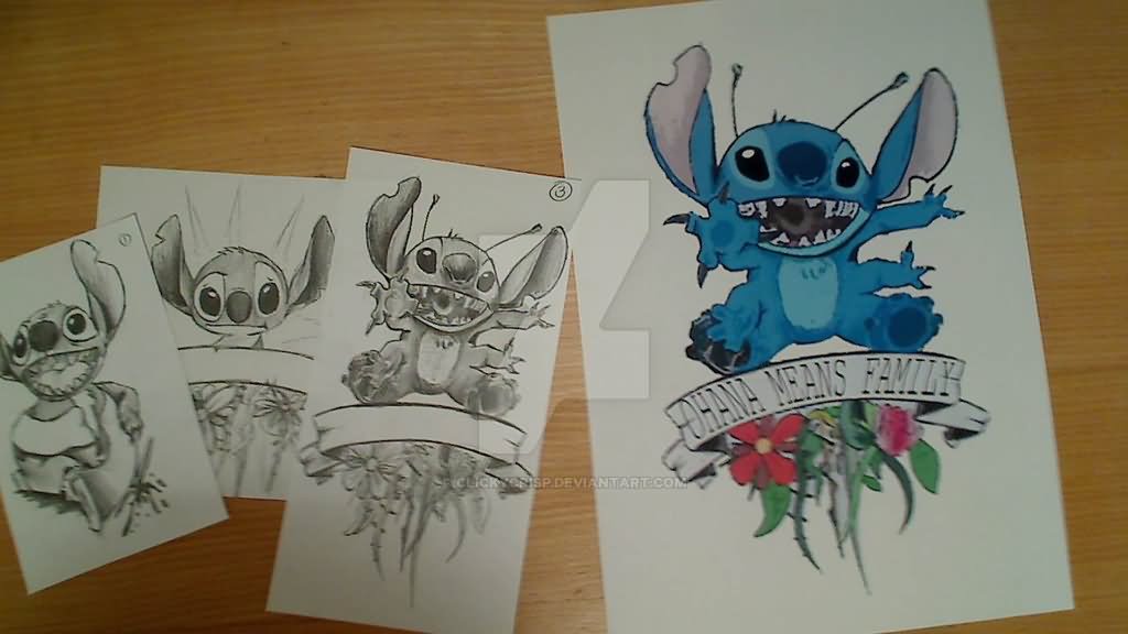 Stitch With Banner And Flowers Tattoo Design By Alex Walker
