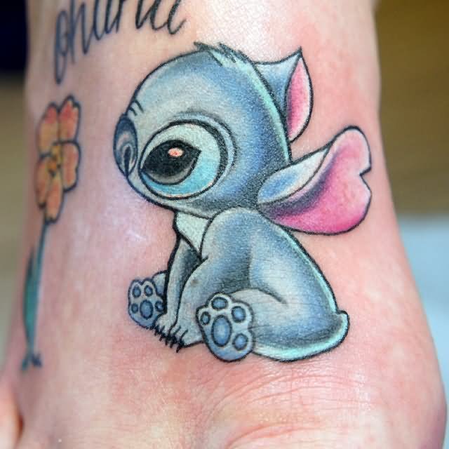 Stitch With Flower Tattoo On Foot
