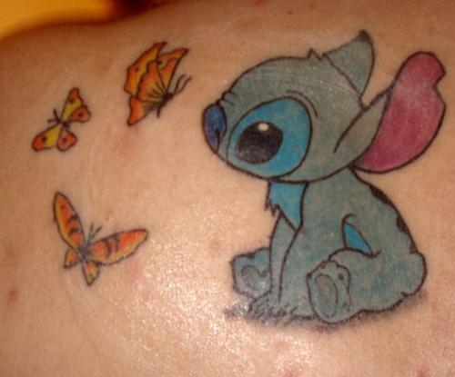 Stitch With Flying Butterflies Tattoo Design