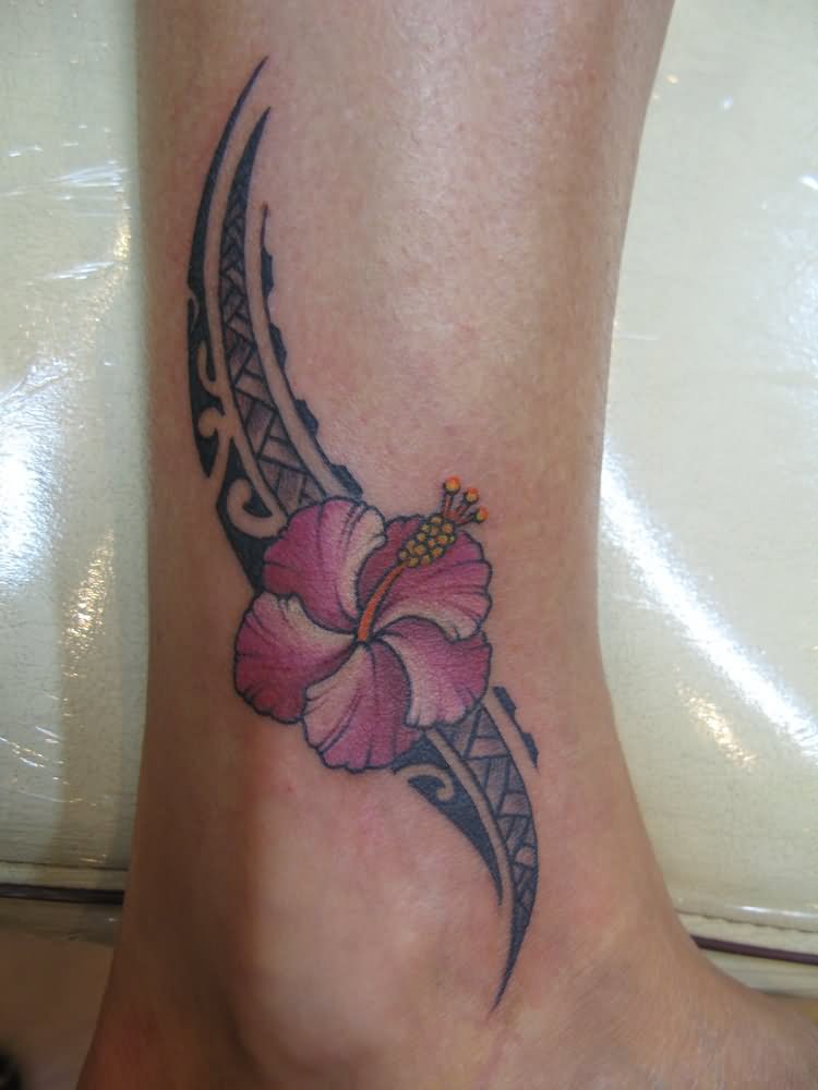 Tribal Color Hibiscus Flower Tattoo On Leg