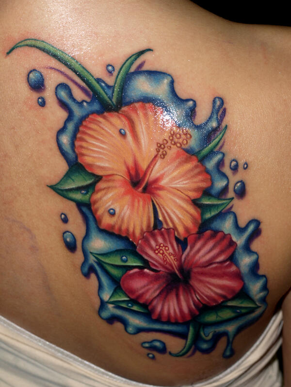 Water Splash And Hibiscus Tattoos On Right Back Shoulder