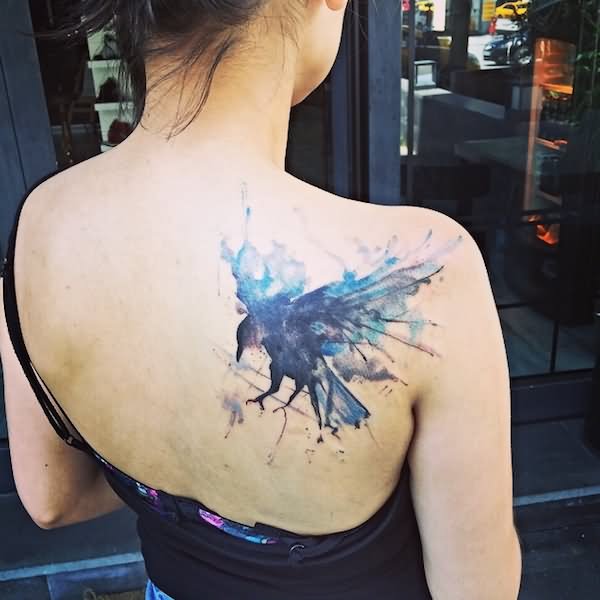 Watercolor Cross Stitch Bird Tattoo On Girl Right Back Shoulder