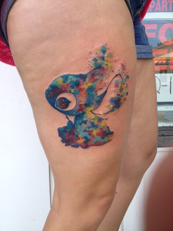 Watercolor Stitch Tattoo On Girl Right Thigh