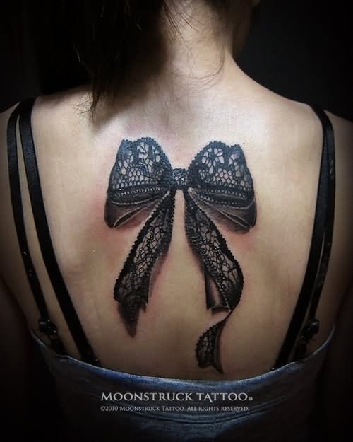 3D Feminine Bow Tattoo On Girl Upper Back